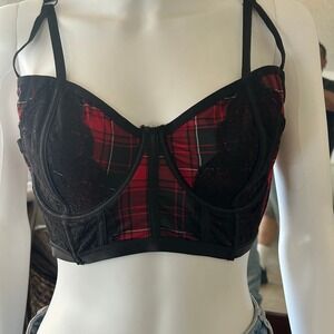 Torrid Curve Plaid Lace Trim Longline Bra Plus Size Black Red L